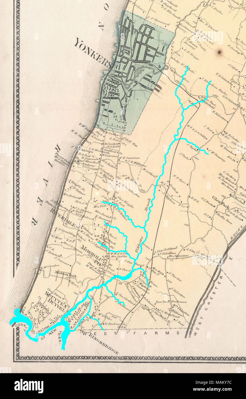 Questa è la scarsa Yonkers foglio da birre ? 1867 Atlas di Westchester County, New York, mostrando di moderno-giorno Yonkers e Western Bronx. Evidenziato in blu sono il corso e vari tributari di Tibbetts Brook, e Spuyten Duyvil Creek che una volta separato il Bronx e sull'isola di Manhattan. . 1867. http://www.geographicus.com/mm5/cartographers/beers.txt (Mappa) Tdorante10 (evidenziazione del fiume) Foto Stock