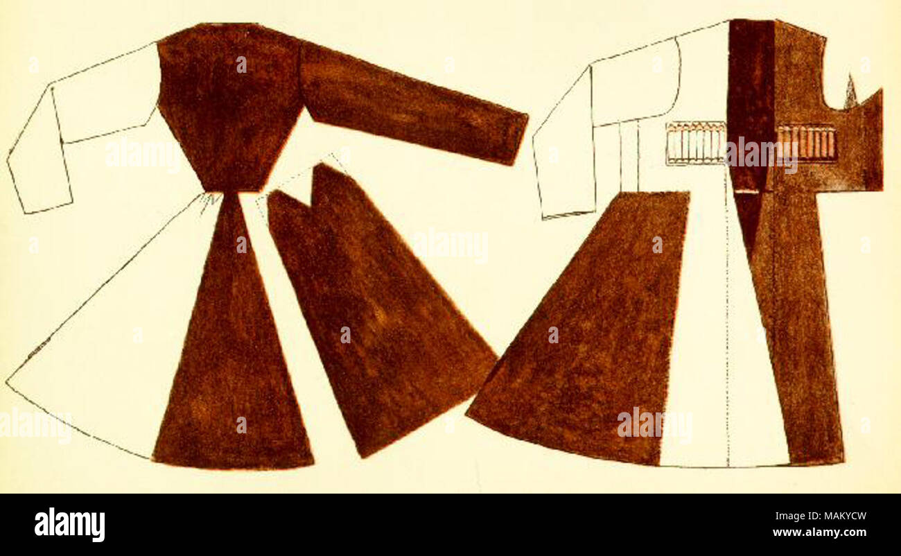 Caucaso centrale. Un cherkesska, la nazionale abito caucasica. Questo stretto cintata indumento è sempre fatta di fortemente intrecciato di lana. I suoi colori preferiti sono in bianco e nero, blu scuro, grigio e marrone. Rosso, bianco e giallo ocra materiali colorati sono anche utilizzati. Casi di panno sono attaccati a quella parte che copre il torace in cui le cartucce in precedenza sono stati mantenuti. Anche pacifica artigiani urbano non hanno eliminato la tela vuota casi sulle loro mani. Una stretta cintura di pelle viene indossato intorno alla cherkesska per mezzo della quale il pugnale nazionale (l'kindshal) è appeso. T-shirt, pantaloni e beshmet (cfr. Pl. 69) vengono indossati sotto th Foto Stock