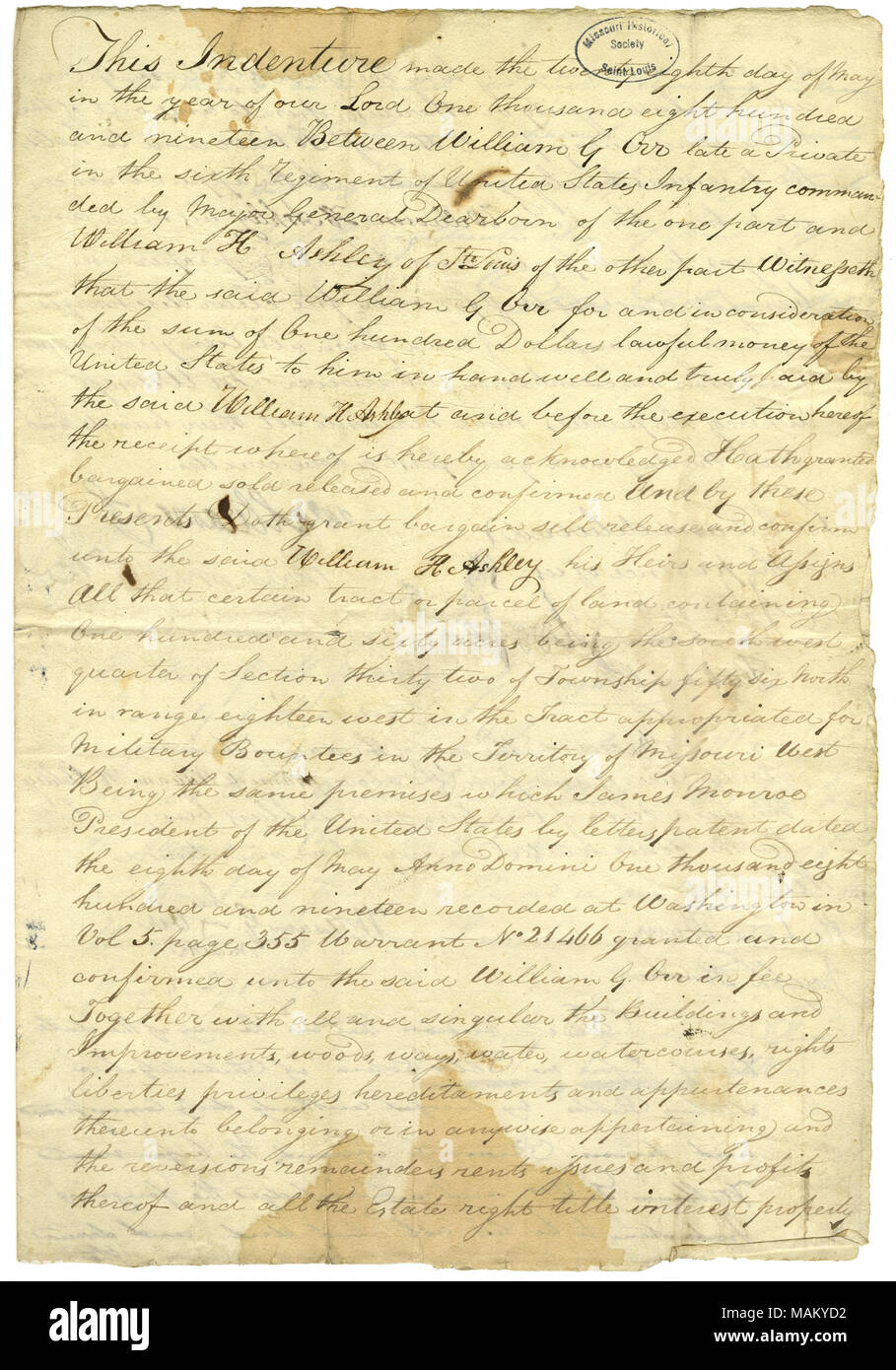 Titolo: Deed of William G. Orr a William H. Ashley, per 160 acri del Missouri bounty militare di terra per $100, 28 maggio 1819 . 28 maggio 1819. Foto Stock