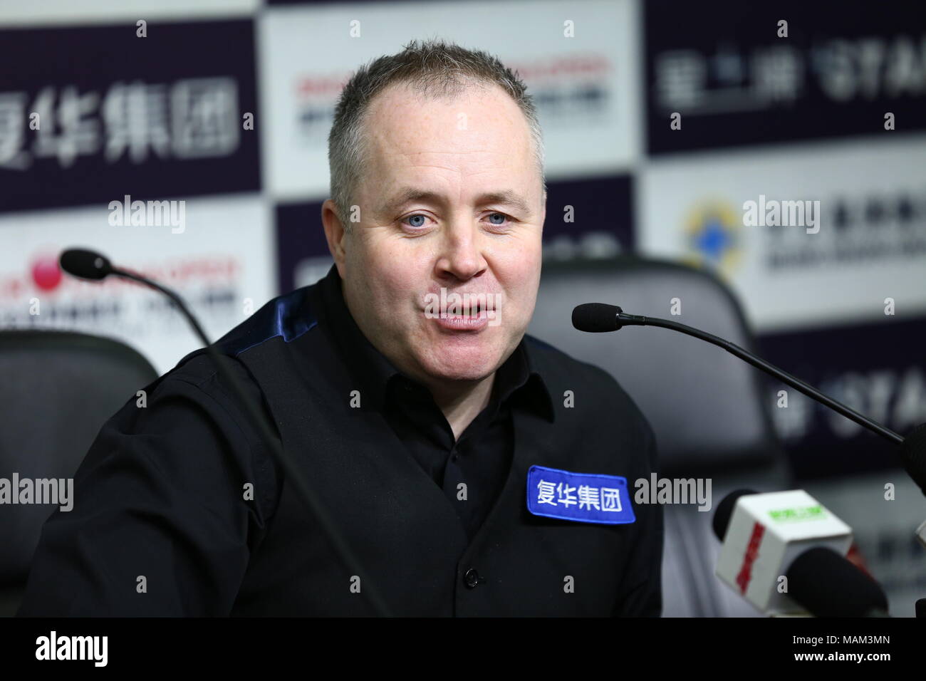 Beijin, Beijin, Cina. 3 apr, 2018. Pechino, Cina-3a aprile 2018: Scottish professional snooker player John Higgins partecipa a una conferenza stampa dopo una partita di biliardo China Open 2018 a Pechino. Credito: SIPA Asia/ZUMA filo/Alamy Live News Foto Stock