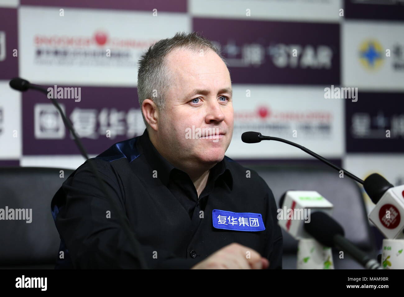 Beijing, Pechino, Cina. 3 apr, 2018. Pechino, Cina-3a aprile 2018: Scottish professional snooker player John Higgins partecipa a una conferenza stampa dopo una partita di biliardo China Open 2018 a Pechino. Credito: SIPA Asia/ZUMA filo/Alamy Live News Foto Stock