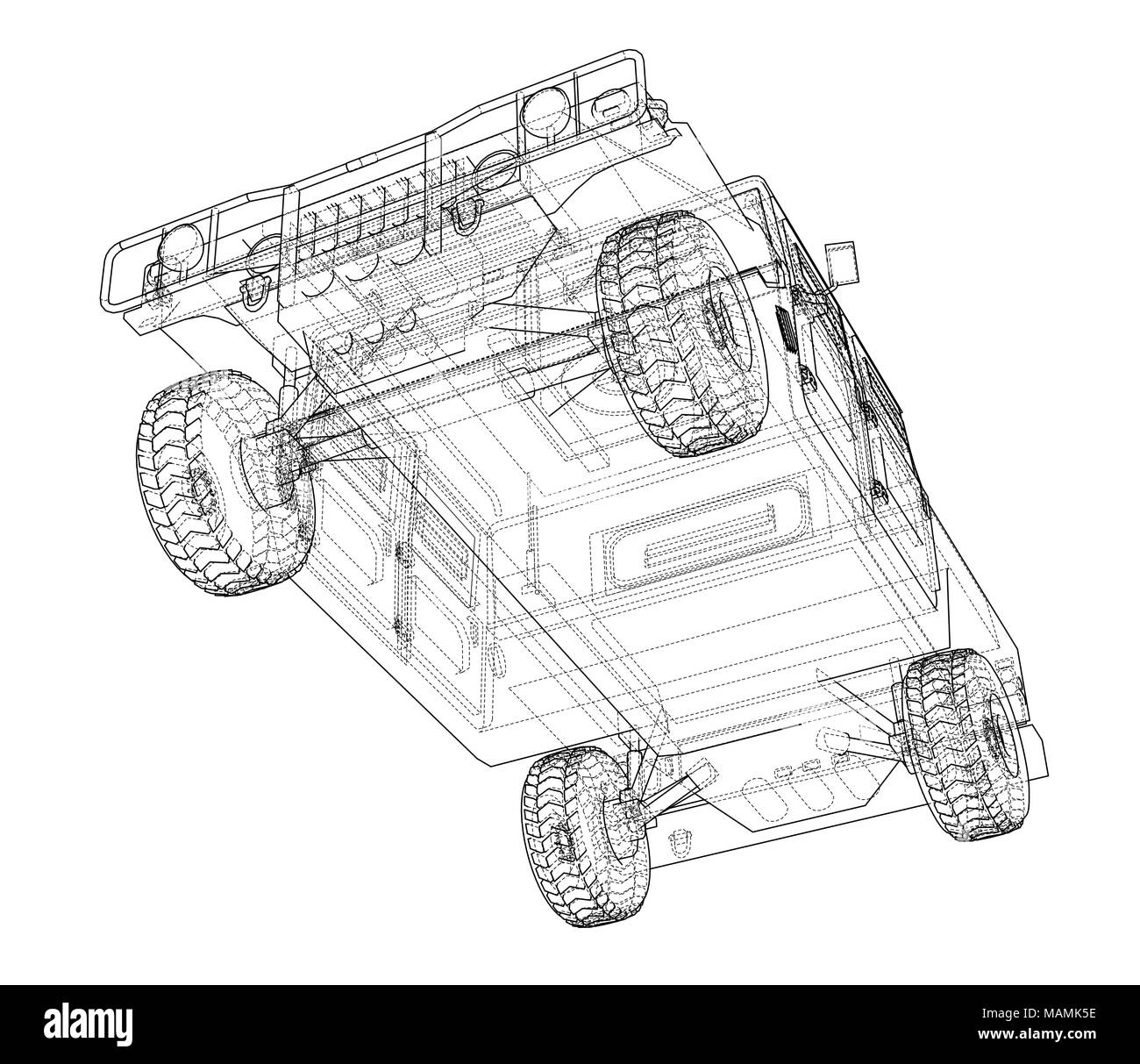 Combattere la vettura blueprint. 3d'illustrazione. Filo-stile cornice Foto Stock