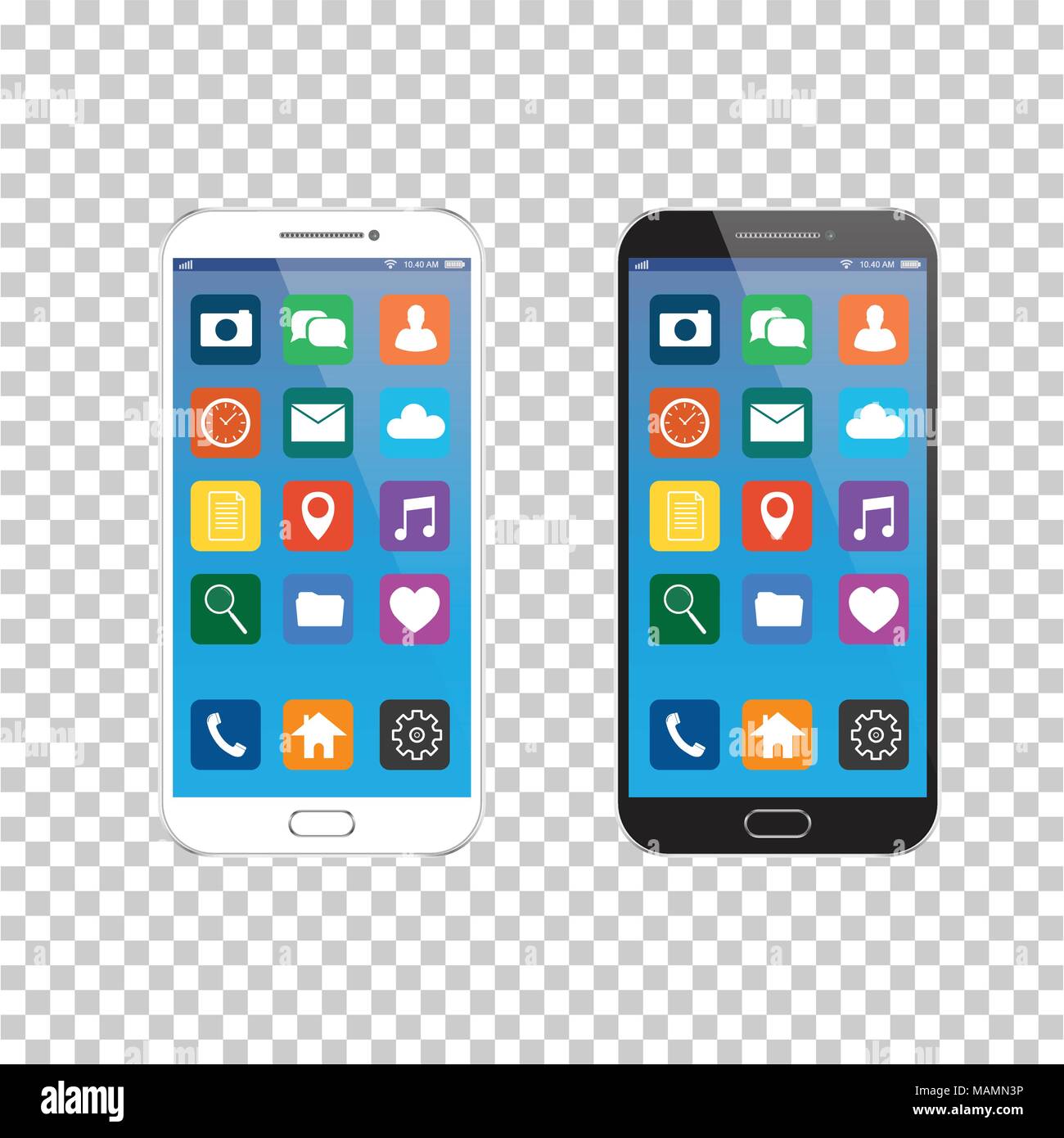 Nuovo realistico mobile smart phone in bianco e nero in stile moderno. Vector smartphone con icone UI. isolato su sfondo trasparente. Illustrazione Vettoriale