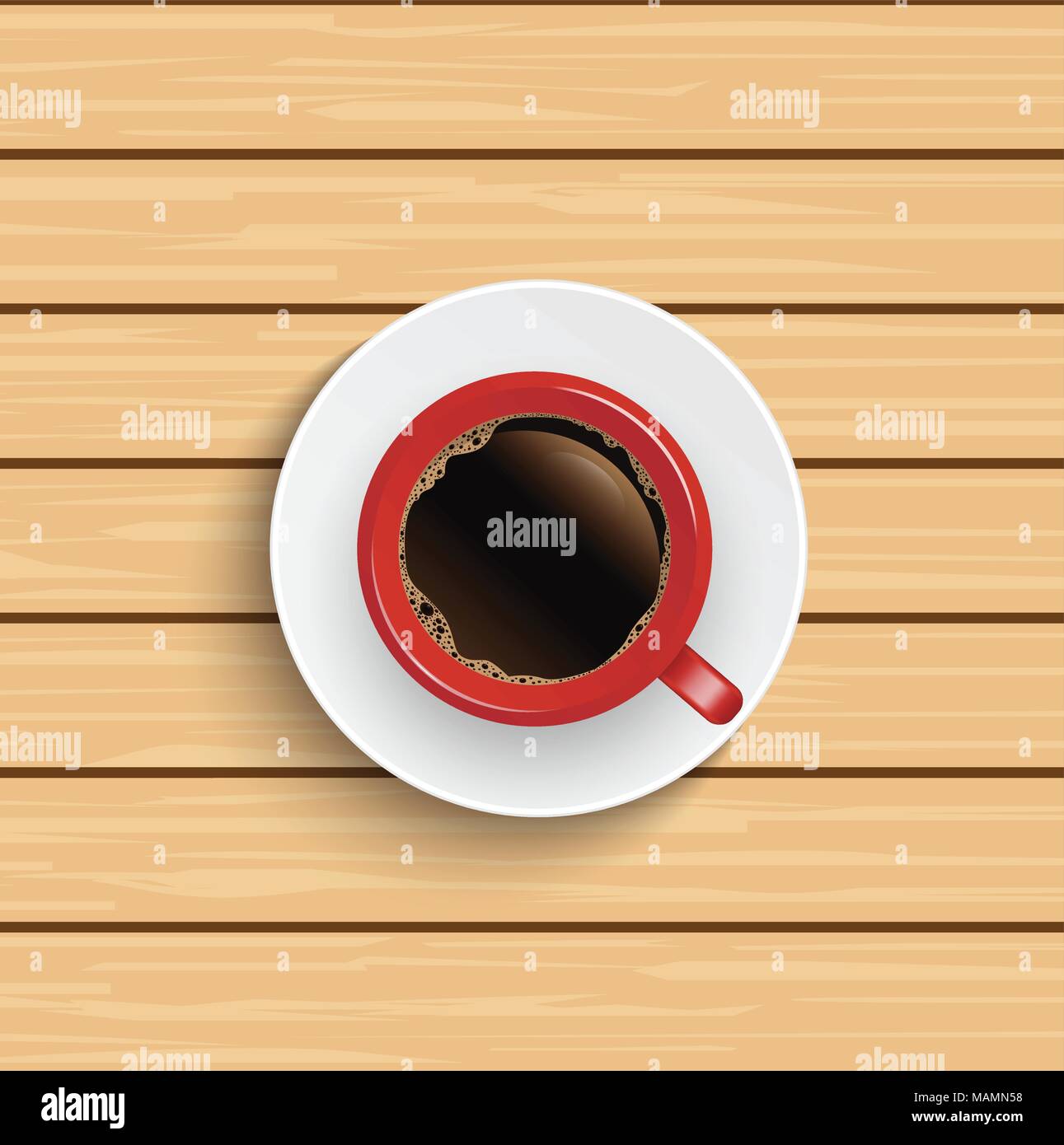 Realistica vista superiore rosso tazza di caffè sul tavolo di legno. Illustrazione Vettoriale