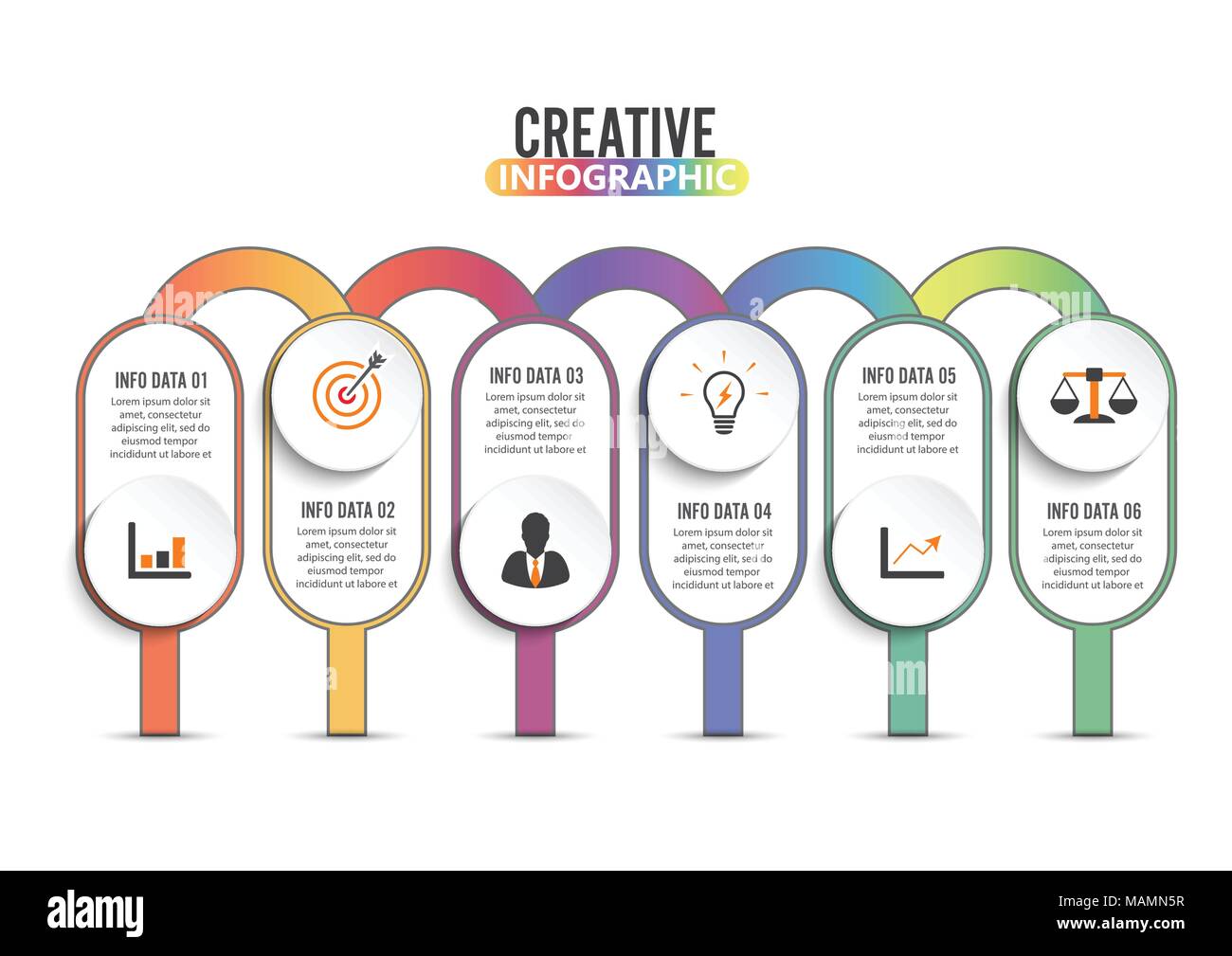 Sei fasi infographics - è in grado di illustrare una strategia, flusso di lavoro o il lavoro di squadra. Illustrazione Vettoriale