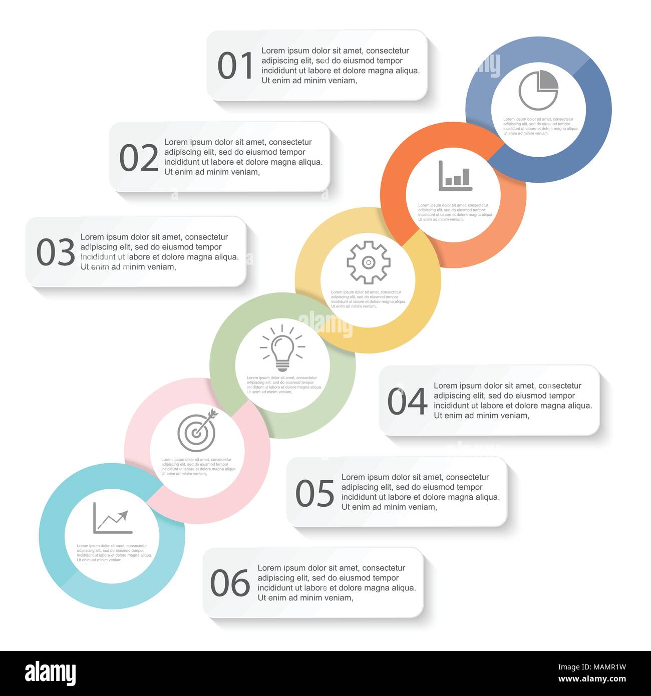 Modello Infografico Timeline orizzontali di colore numerati per sei posizione può essere usata per il flusso di lavoro, banner, diagramma, web design grafico ad area Illustrazione Vettoriale