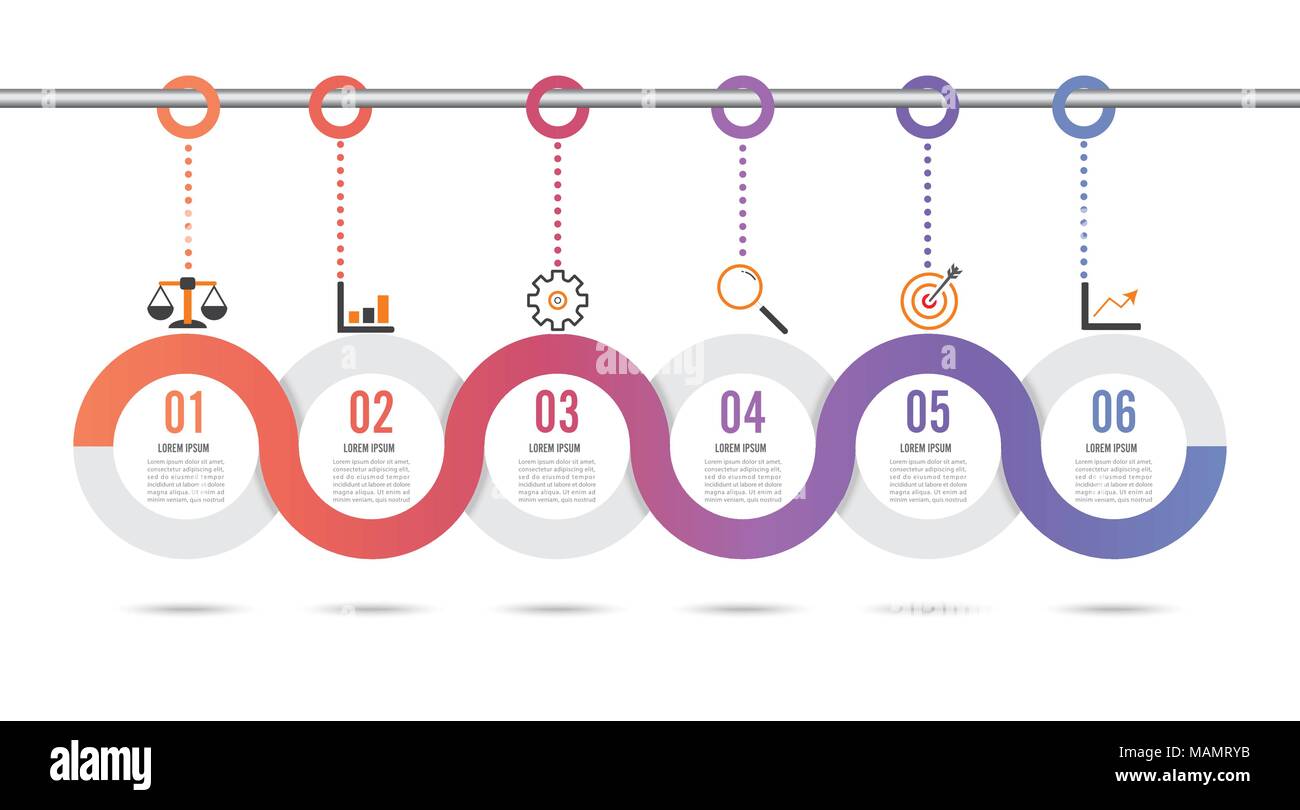 Modello Infografico Timeline orizzontali di colore numerati per sei posizione può essere usata per il flusso di lavoro, banner, diagramma, web design grafico ad area Illustrazione Vettoriale