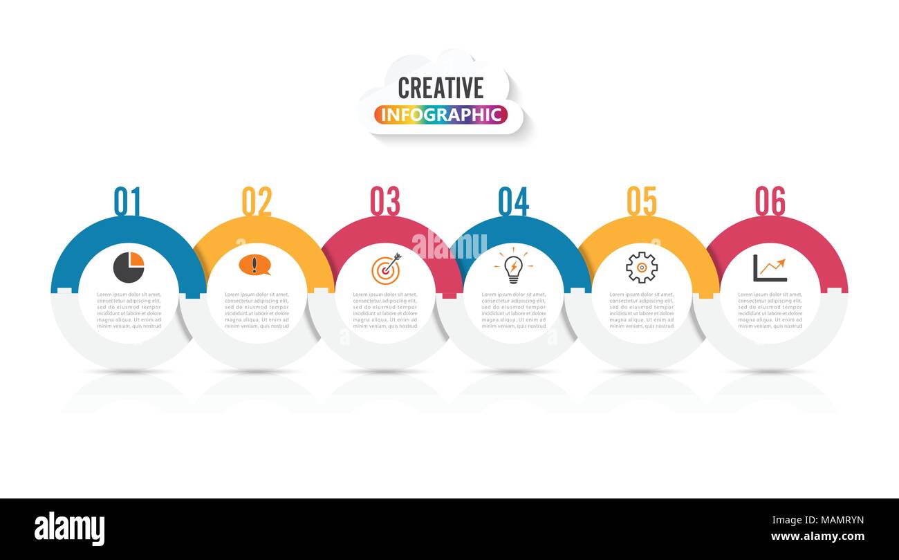 Modello Infografico Timeline orizzontali di colore numerati per sei posizione può essere usata per il flusso di lavoro, banner, diagramma, web design grafico ad area Illustrazione Vettoriale