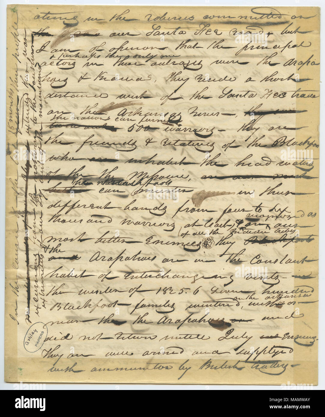 Progetto di lettera/note (frammento) di William H. Ashley inizia: ". . . Le rapine commesse sulle nostre sante Fee road . . .", Pagina 1, ca. Marzo 1829. William Henry Ashley raccolta, Missouri History Museum archivi, St. Louis. Numero ID=A0059-00077. Il nome del file=A0059-00077 0001. Foto Stock