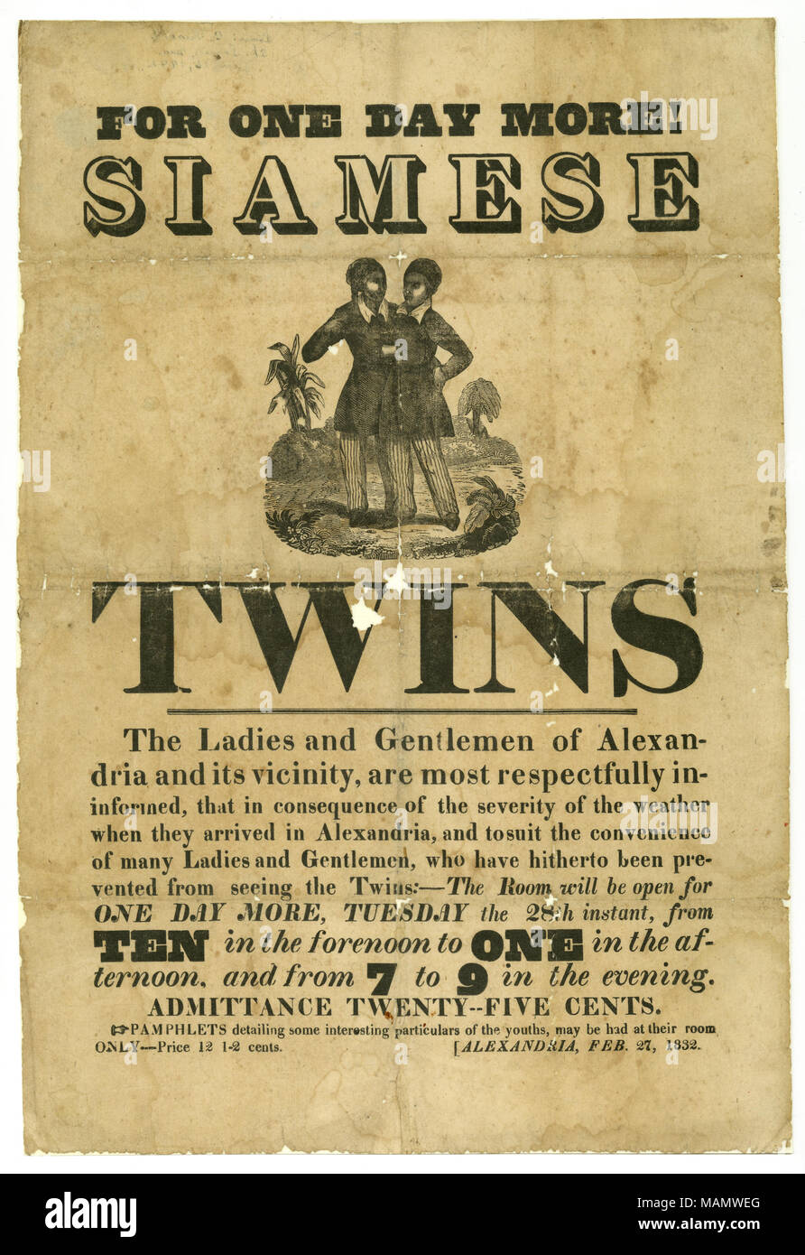 Ammissione di venti-cinque centesimi. [Alessandria]. Titolo: fiancata: per un giorno di più! Gemelli siamesi, 27 febbraio 1832 . Il 27 febbraio 1832. Foto Stock