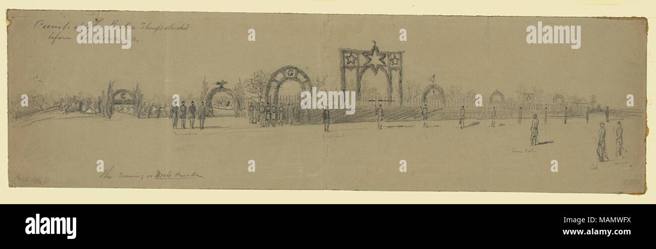 Il Camp della Berdan Sharpshooters prima di Yorktown, Va. titolo inscritto in alto a sinistra. Inscritto al di sotto di immagine come indicatori: Trumpters [sic]; capitani; Lieu Col.; Col.; principali. Inscritto in basso a sinistra: aprile 1862. La sera abito o parata. 1 disegno sulla carta grigia: matita e cinese bianco; 14,1 x 50,6 cm. (Foglio). . Aprile 1862. Alfred Waud - Foto Stock