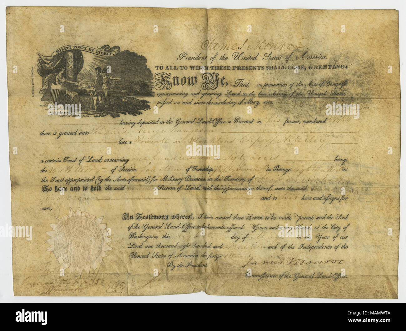 I lotti di terreno contenente 160 acri, il quartiere sud-ovest della sezione 14, township 57 nord, gamma 18 west. (Vedere anche il documento datato 18 agosto 1819.) Titolo: negli Stati Uniti il brevetto di terra a George Vangeson per 160 acri del Missouri bounty militari terrestri, firmato James Monroe, 8 maggio 1819 . 8 maggio 1819. Monroe James, 1758-1831 Foto Stock