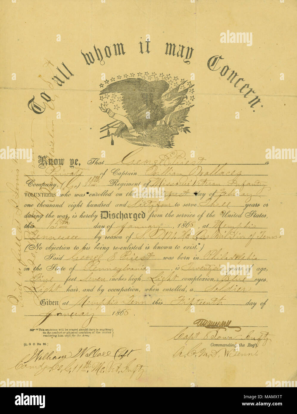 Membri che il sacerdote è stato scaricato dalla società G del xi reggimento di Missouri veterano fanteria in ragione di ordine speciale 171, capo quarti divisione militare del Tennessee. Titolo: certificato di scarico del Private George Sacerdote, Gennaio 15, 1866 . Il 15 gennaio 1866. Foto Stock
