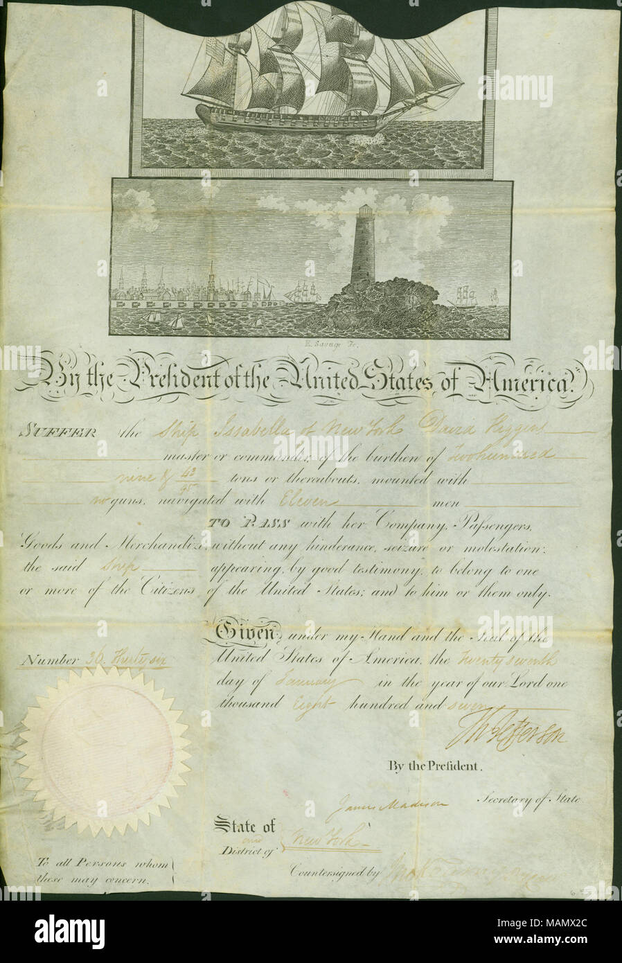 Carta gioco consentendo la nave Isabella di New York con un equipaggio di 11 e disarmati a passare senza problemi. Titolo: documento firmato Thomas Jefferson, 27 Gennaio 1807 . Il 27 gennaio 1807. Jefferson, Thomas, 1743-1826 Foto Stock