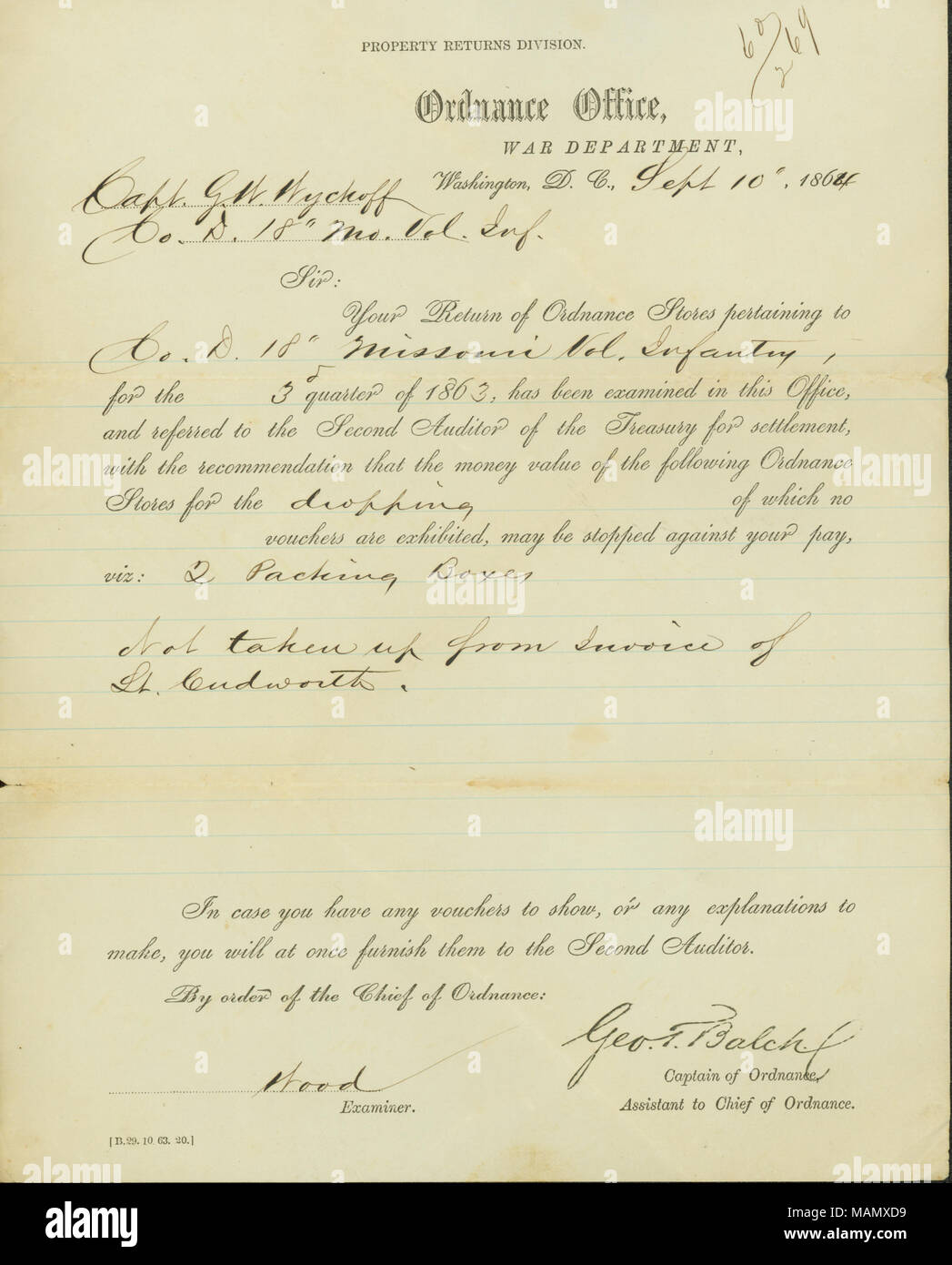 Per quanto riguarda il ritorno di proiettili di artiglieria negozi. Titolo: Modulo lettera firmata George T. Balch, proprietà restituita la divisione, Ordnance Office, Washington D.C., a George Wyckoff, 10 settembre 1864 . Il 10 settembre 1864. Balch, George T. Foto Stock