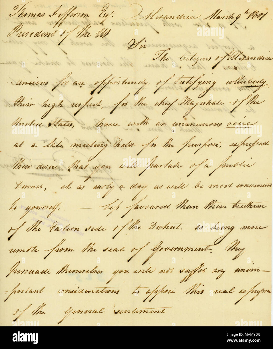 Jefferson invita a partecipare ad un appalto pubblico di cena presso il suo appena possibile. Titolo: Lettera da George Taylor, sindaco di Alessandria, di Thomas Jefferson, 9 marzo 1801 . 9 marzo 1801. Taylor, George Foto Stock