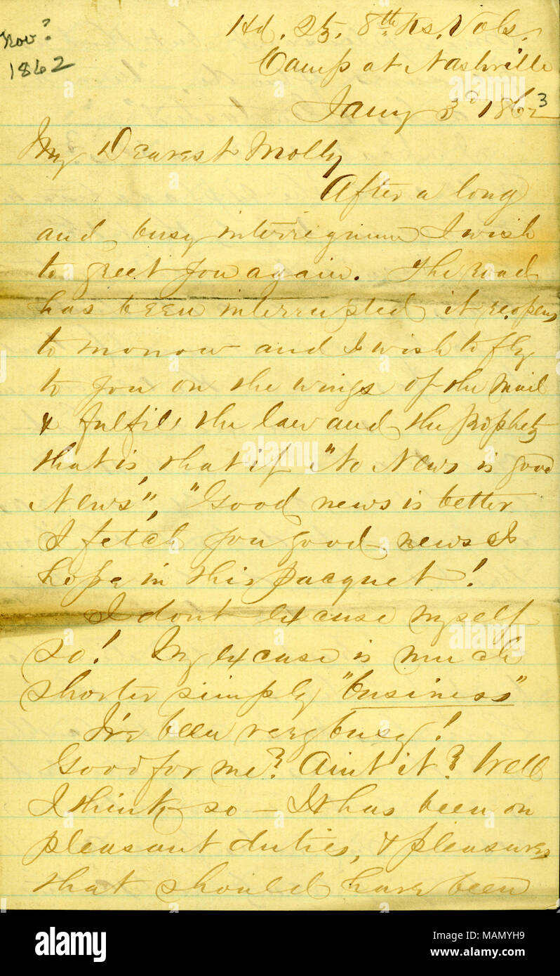 Conto della battaglia di Murfreesboro (o pietra di fiume), Tennessee. Titolo: Lettera da James E. Amore, camp a Nashville, Tennessee, a Molly, 3 gennaio 1863 . Il 3 gennaio 1863. Amore, James Edwin, 1830-1905 Foto Stock