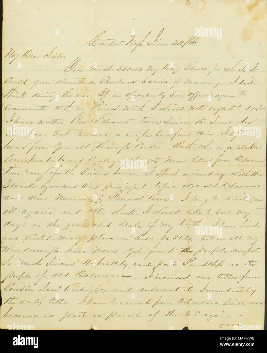 Discute la sua famiglia, la salute e la predilezione per i suoi amici di Delaware. Titolo: Lettera da M. L. Virden, Canton, Mississippi, a sua sorella, Giugno 24, 1866 . Il 24 giugno 1866. Virden, M. L. Foto Stock