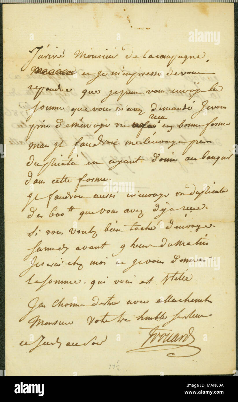 Scrive al sig. Saugrain chiedendo Duplica modulo per denaro per inviare e un duplicato per il denaro che egli ha inviato Saugrain. Titolo: Lettera da Trouard al sig. Saugrain, Gennaio 13, 1787 . Il 13 gennaio 1787. Trouard Foto Stock