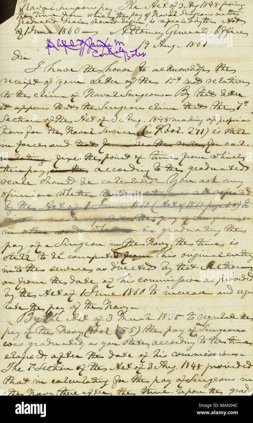 Dà il suo parere su Naval chirurghi Pay. Titolo: lettera firmata Attorney General [Edward Bates], la Procura generale, per l'on. Gideon Welles, segretario della Marina, 19 agosto 1861 . Il 19 agosto 1861. Bates, Edward, 1793-1869 Foto Stock