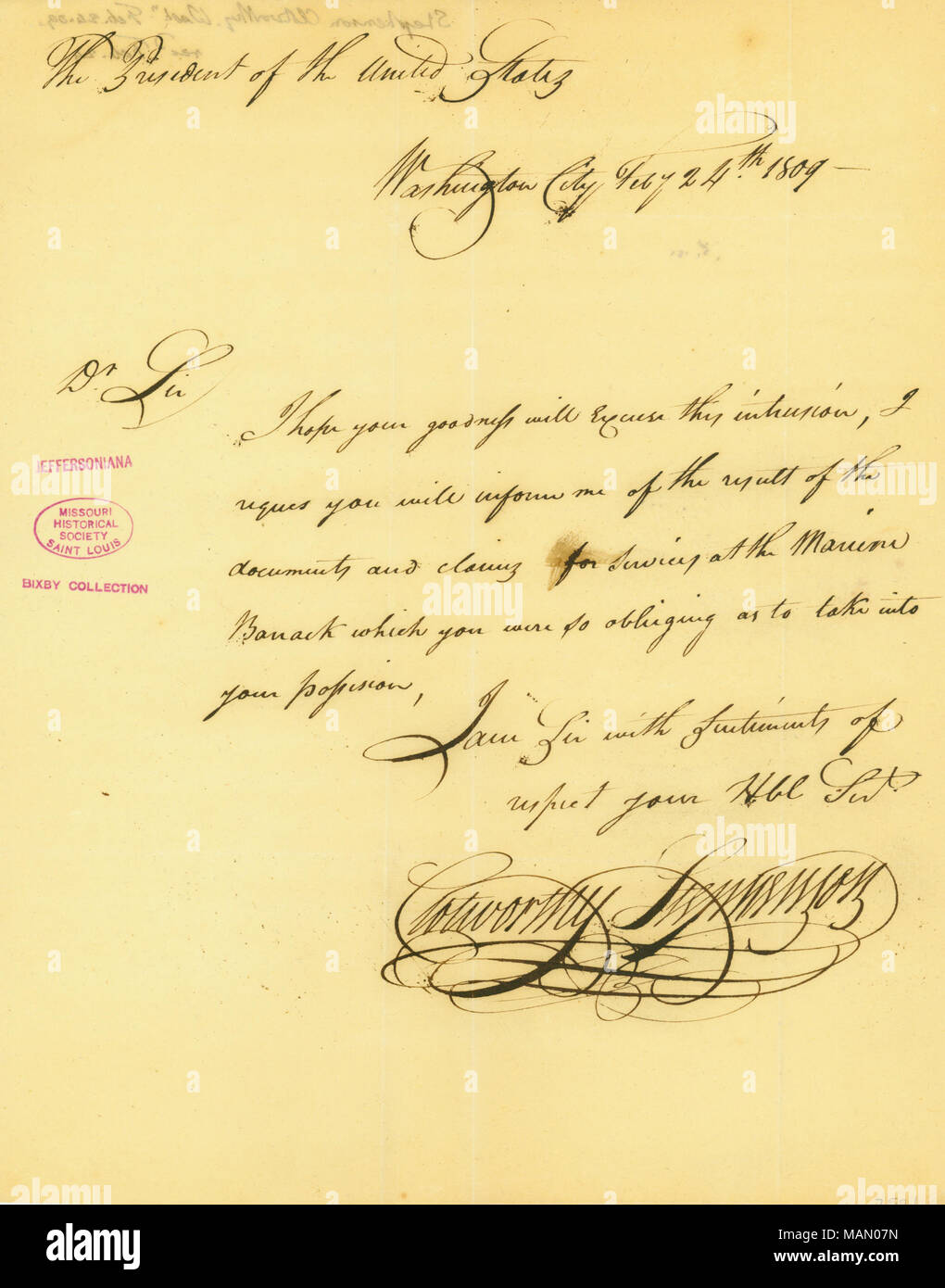 Chiede informazioni circa il risultato della sua rivendicazione per servizi presso la Caserma marini. Titolo: lettera firmata Clotworthy Stephenson, Washington City di Thomas Jefferson, 24 febbraio 1809 . Il 24 febbraio 1809. Stephenson, Clotworthy Foto Stock