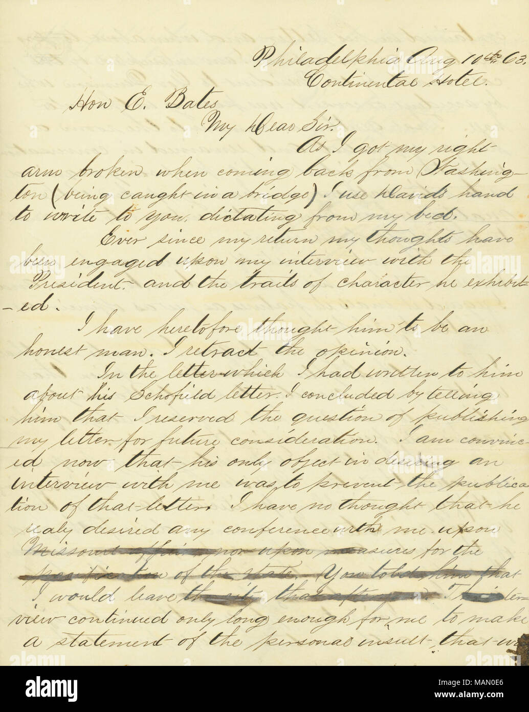 Per quanto riguarda una insoddisfacente incontro che ha avuto con il Presidente Lincoln a Washington. Chiamate "Lincoln una mera intrigante, petifogging, piddling politico." comprende digitata la trascrizione. Titolo: lettera firmata H.R. Il gioco d'azzardo, dettata da David C. Gamble, Continental Hotel, Philadelphia, per l'on. E. Bates [Edward Bates], Agosto 10, 1863 . Il 10 agosto 1863. Il gioco d'azzardo, Rowan Hamilton, 1798-1864 Foto Stock