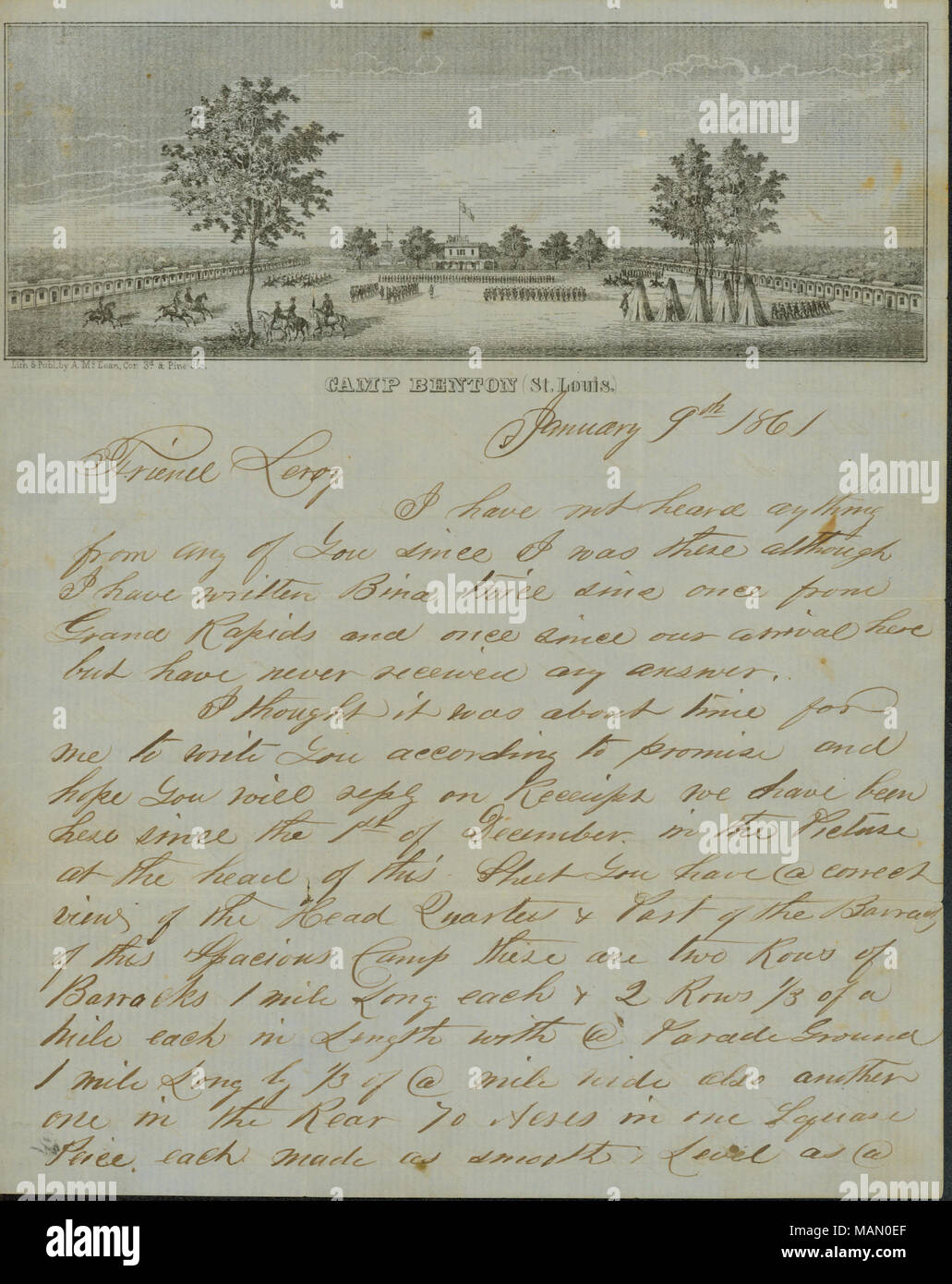 Include la descrizione dettagliata del formato di Benton caserme, e il cibo è disponibile. Articoli di cancelleria include illustrazione di Benton caserma. 9 gennaio 1861[1862] amico Leroy e non ho sentito niente da nessuno di voi dato che mi trovavo lì anche se ho scritto Bina due volte poiché una volta da Grand Rapids e una volta dopo il nostro arrivo qui ma non hanno mai ricevuto alcuna risposta. Ho pensato che era giunto il momento per me di scrivere a voi secondo la promessa e speranza si risponderà al ricevimento siamo stati qui dal 1 dicembre nella foto a capo di questo foglio è avere una corretta visione della testa Foto Stock