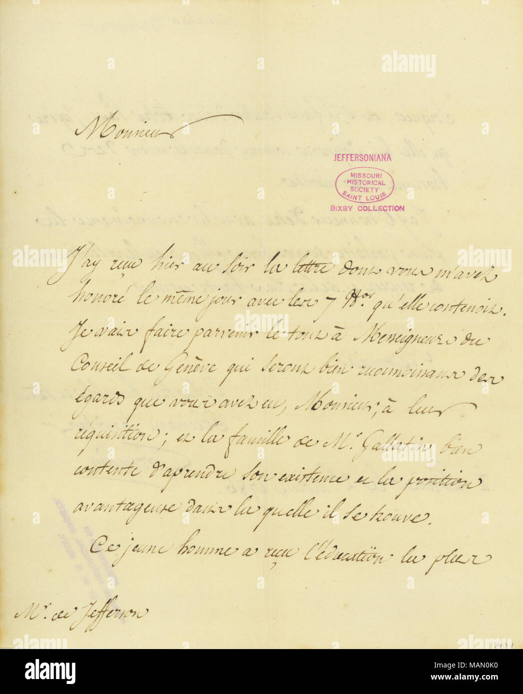 Conferma la ricezione di Jefferson ?lettera s e dice che M. Gallatin ?s famiglia è felice di sapere della sua esistenza e della sua vantaggiosa posizione che occupa. Titolo: lettera firmata Jean-Armand Tronchin, Parigi, di Thomas Jefferson, 2 agosto 1786 . Il 2 agosto 1786. Tronchin, Jean-Armand Foto Stock