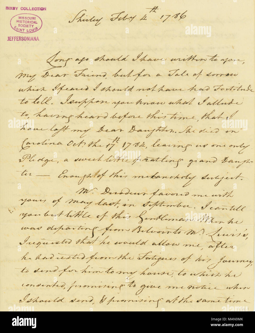 Sua figlia è morto il 17 ottobre 1784, lasciando loro un nipote. Suggerisce che invitante svizzere o francesi ai contadini di venire in America e il locatario le terre di montagna sarebbe pratico. Titolo: lettera firmata John Walker, Shirley, di Thomas Jefferson, 4 febbraio 1786 . 4 febbraio 1786. Walker, John Foto Stock