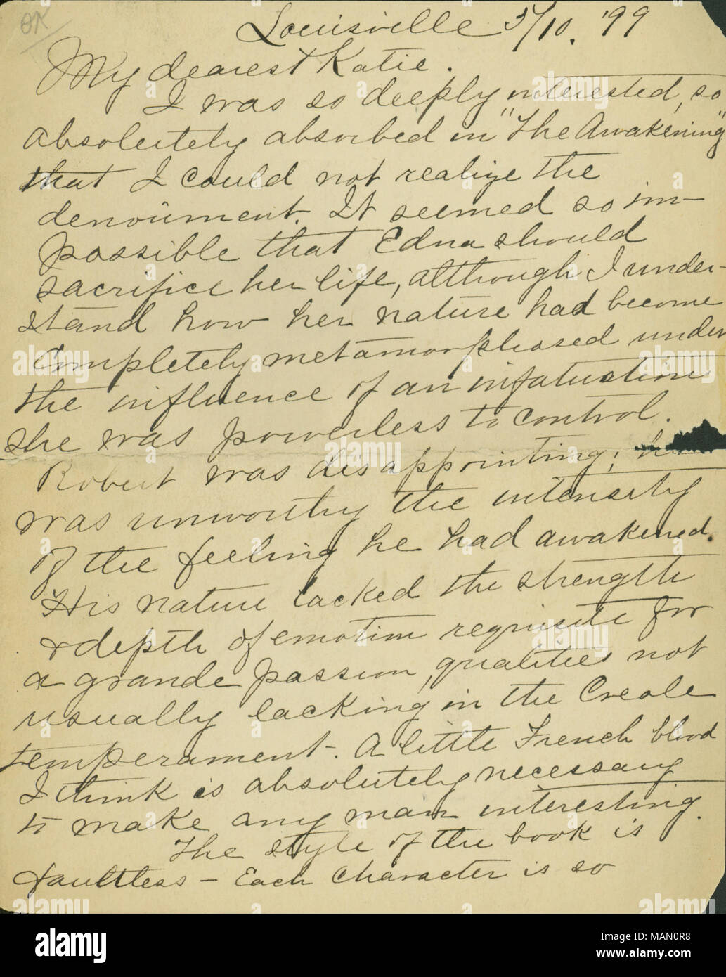 Loda lo stile, umorismo, e la caratterizzazione di Chopin del romanzo, Il Risveglio e continua con cordiale gossip. Include una tre-pagina digitata la trascrizione. Titolo: lettera firmata Lizzie L., Louisville, a mio carissimo Katie [Kate Chopin], 10 maggio 1899 . Il 10 maggio 1899. Foto Stock