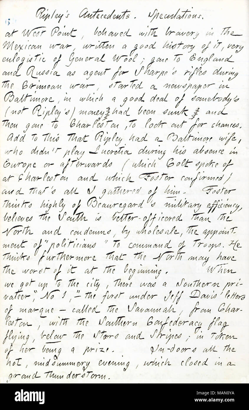 Descrive una conversazione con il Capitano J.G. Foster circa R.S. Ripley. Titolo: Thomas Butler diari Gunn: Volume 17, pagina 10, 15 giugno 1861 . Il 15 giugno 1861. Gunn, Thomas Butler, 1826-1903 Foto Stock