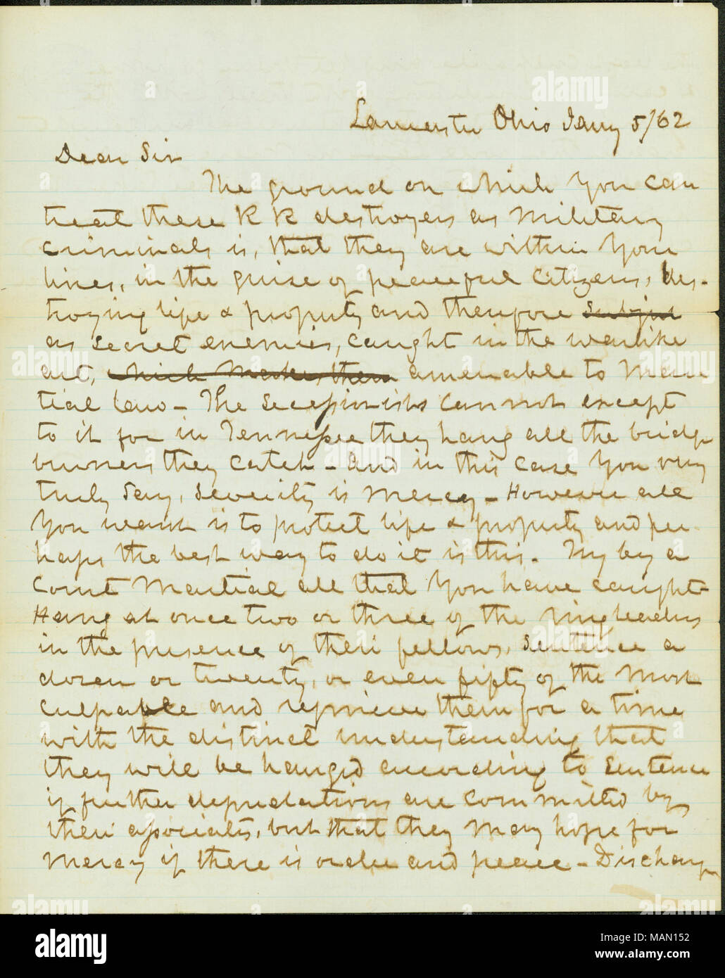 Suggerisce di punire railroad cacciatorpediniere come criminali di militari. Trascrizione: Lancaster[?] Ohio Jany 5 / 62 Egregio Signore il terreno su cui è possibile trattare questi cacciatorpediniere RR come criminali militare è che essi sono all'interno di linee, sotto le mentite spoglie di pacifici cittadini, distruggendo la vita [e] Proprietà e quindi il segreto di nemici catturati in atto bellico, assoggettabile alla legge marziale ? I SECESSIONISTI non può tranne per il Tennessee appendere tutti i bruciatori a ponte che catturano ? E in questo caso è molto veramente dire, la gravità di misericordia ? Tuttavia tutto ciò che si desidera è di proteggere la vita [e] proprietà una Foto Stock