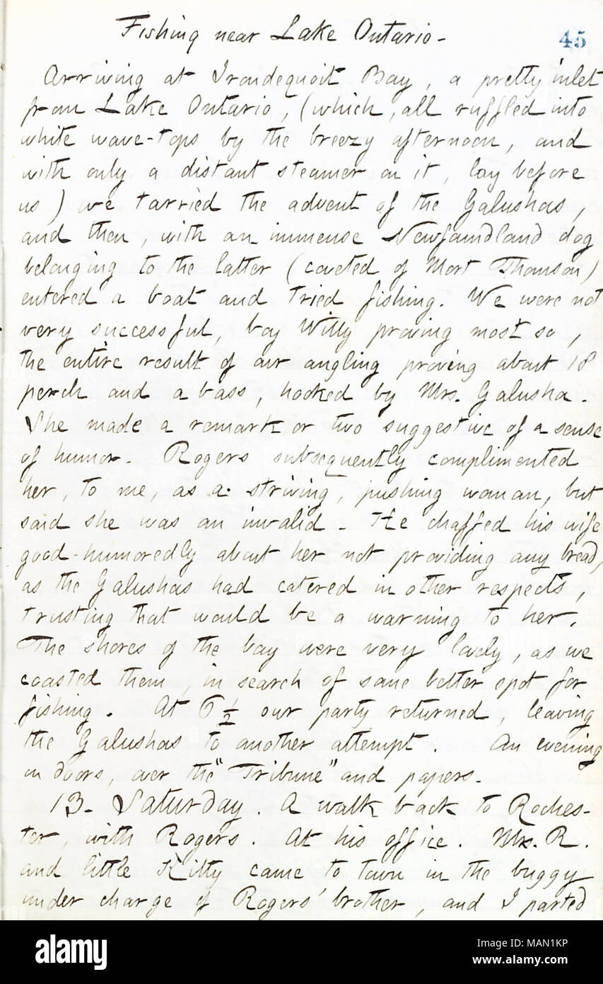 Descrive un escursione di pesca con la famiglia di Rogers e la Galushas. Titolo: Thomas Butler diari Gunn: Volume 17, pagina 54, luglio 12, 1861 . Il 12 luglio 1861. Gunn, Thomas Butler, 1826-1903 Foto Stock