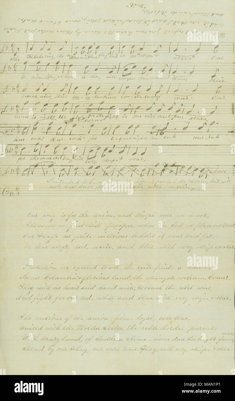 Offre musica e testo di una canzone di unione. Titolo: foglio manoscritto musica, ca. 1862 . circa 1862. Foto Stock