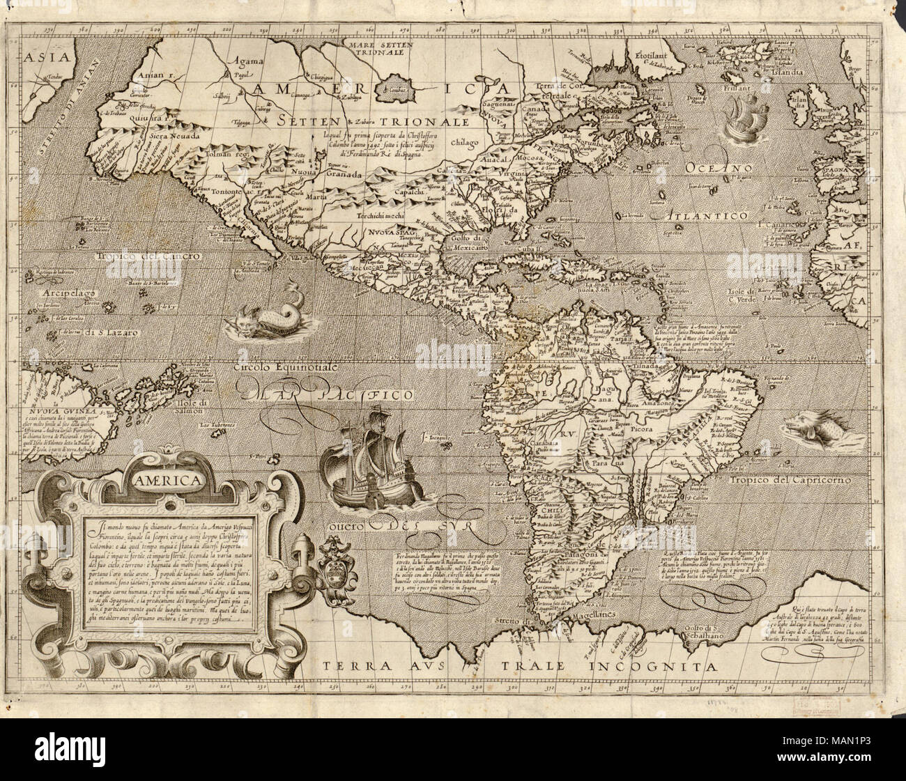 Mappa di America da Arnoldo di Arnoldi; pubblicato da Matteo Florimi, Siena, circa 1600. La Biblioteca del Congresso, la geografia e la mappa di divisione. Id digitale: http://hdl.loc.gov/loc.gmd/g3290.ct001452 . circa 1600. Arnoldo di Arnoldi Foto Stock