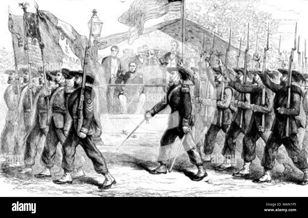 . Inglese: Marzo passato del "Garibaldi" di guardia prima che il Presidente Lincoln, 1861-1865 (c1880). "Garibaldi" di guardia era il soprannome dato al trentanovesimo New York Volunteer reggimento di fanteria che hanno combattuto nella guerra civile americana. Molti del reggimento di deputati italiani sono stati gli americani che avevano servito sotto Giuseppe Garibaldi in Italia. Una stampa da Cassell la storia degli Stati Uniti, da Edmund Ollier, Volume III, Cassell Petter e Galpin, Londra, c1880. . Circa 1880.. Edmund Ollier Foto Stock