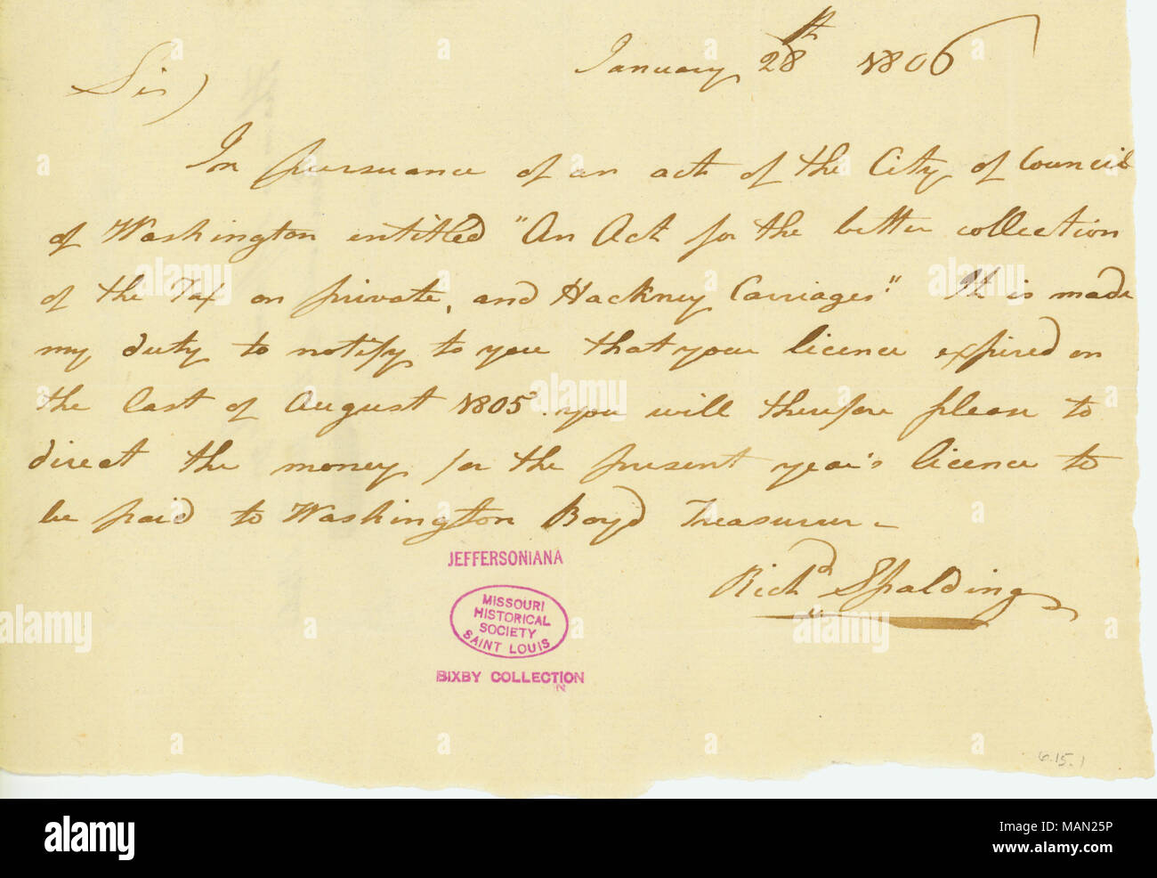 Jefferson informa che la sua licenza per il suo carrello è scaduto. Titolo: nota firmata Richard Spalding di Thomas Jefferson, Gennaio 28, 1806 . Il 28 gennaio 1806. Spalding, Richard Foto Stock