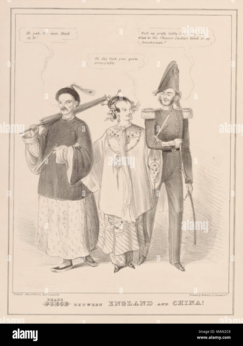 La pace tra Inghilterra e Cina! Testo in fondo: pezzo di pace tra Inghilterra e Cina! Il testo da destra a sinistra (ortografia è quanto di più vicino all'originale come possibile): Inglese: bene la mia bella cantare cantare!    Che cosa il Signore cinesi pensano dei miei connazionali? Signora cinese: Oh dey tink è abbastanza irresistibile uomo cinese: Hi yah. gli uomini pensano così ! ! . 1843. John Doyle - Foto Stock