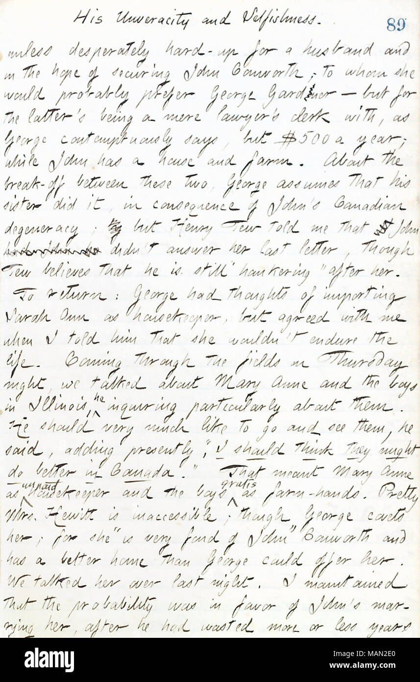 Commenti sui membri della famiglia di Bolton. Titolo: Thomas Butler diari Gunn: Volume 17, pagina 99, 2 agosto 1861 . Il 2 agosto 1861. Gunn, Thomas Butler, 1826-1903 Foto Stock