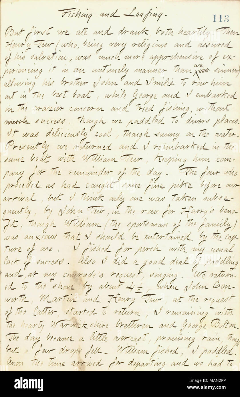 Descrive una spedizione di pesca al laghetto di pino. Titolo: Thomas Butler diari Gunn: Volume 17, pagina 123, Agosto 17, 1861 . Il 17 agosto 1861. Gunn, Thomas Butler, 1826-1903 Foto Stock
