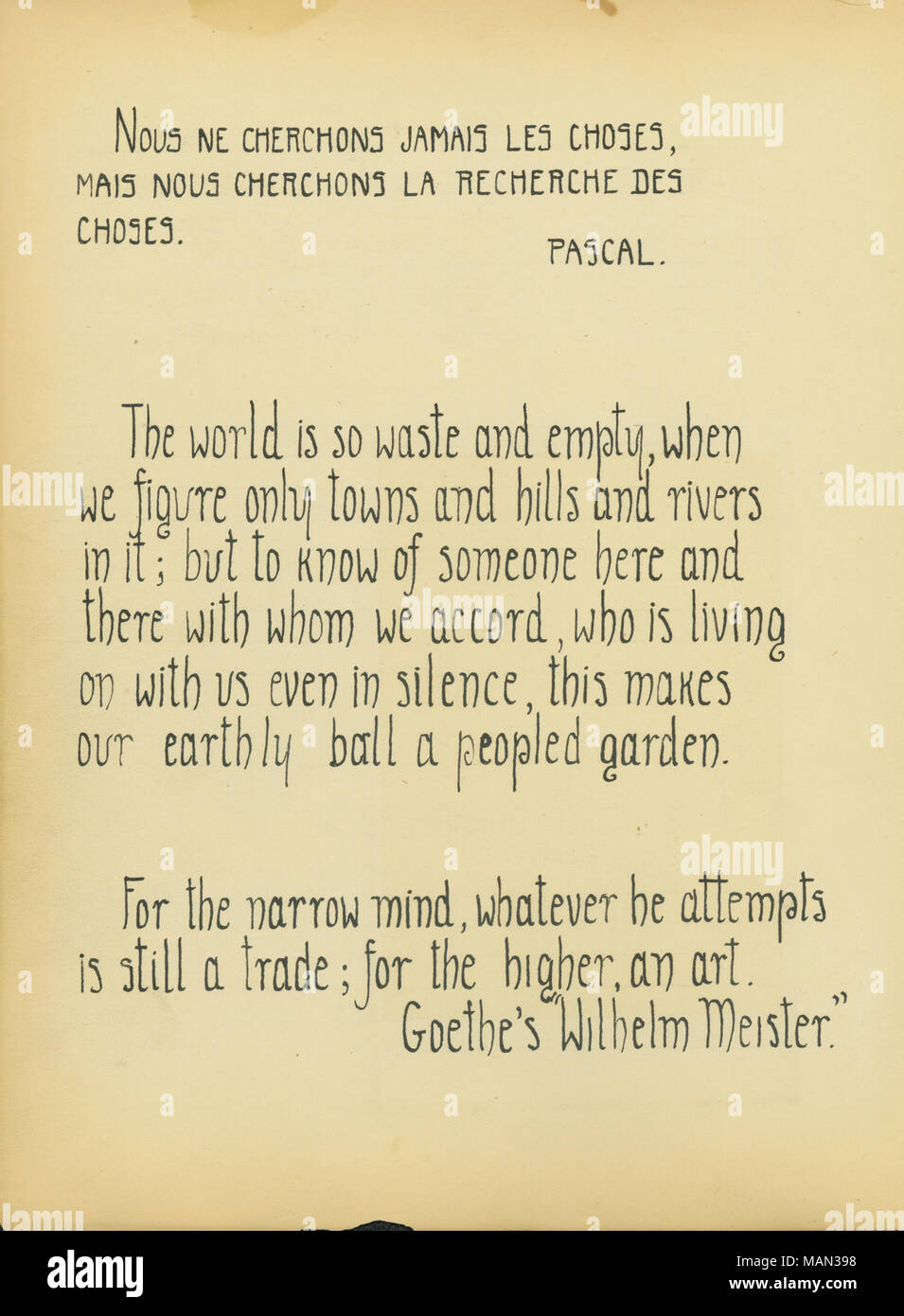 Citazioni da Pascal e Goethe. Titolo:Il Tornio del vasaio, Volume 1, numero 10, pagina 67 agosto 1905 . Agosto 1905. Goethe, Johann Wolfgang von, Francoforte sul Meno 1749 - Weimar 1832 Foto Stock