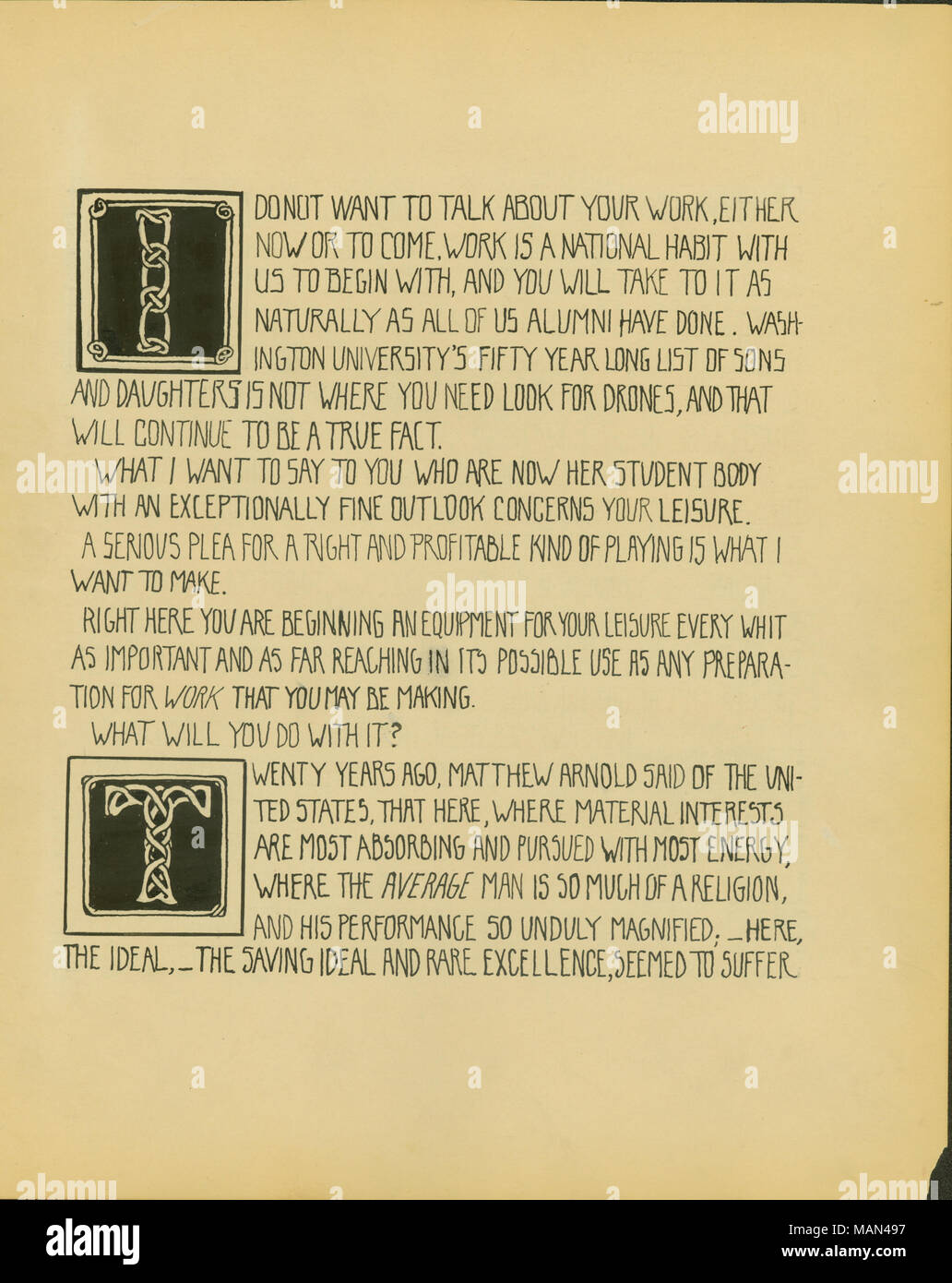 'Indirizzo consegnato all 'il corpo degli studenti dell Università di Washington' con L.R. Ernst, 20 aprile 1907,' stampati e decorata da Caroline Risque, pagina uno. Titolo:Il Tornio del vasaio, Volume 3, numero 9, pagina 22, luglio 1907 . Il 20 aprile 1907. Ernst, Lillie R., 1870-1943 Foto Stock