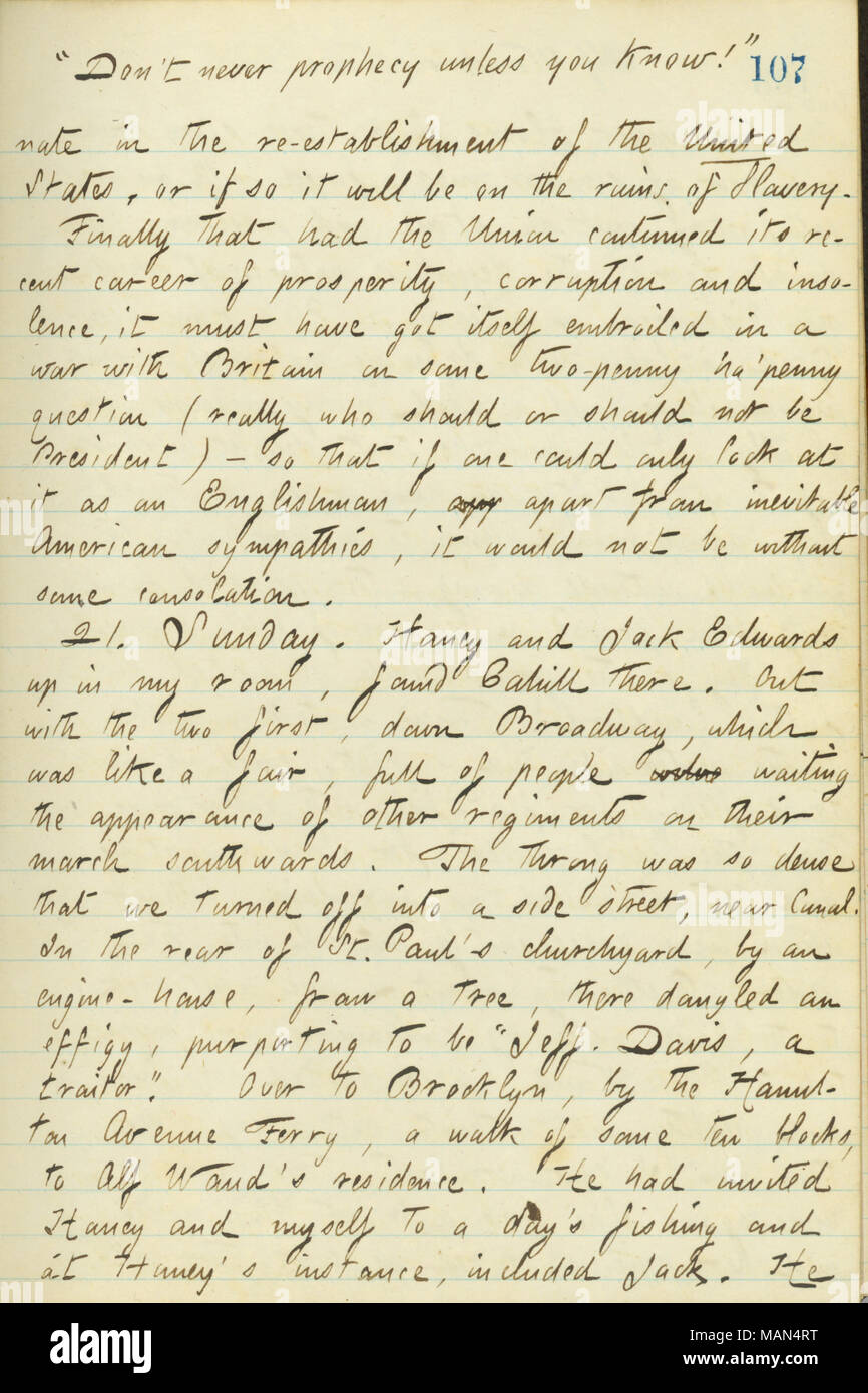 Dà il suo parere in merito alla guerra civile. Titolo: Thomas Butler diari Gunn: Volume 16, pagina 123, 20 aprile 1861 . Il 20 aprile 1861. Gunn, Thomas Butler, 1826-1903 Foto Stock