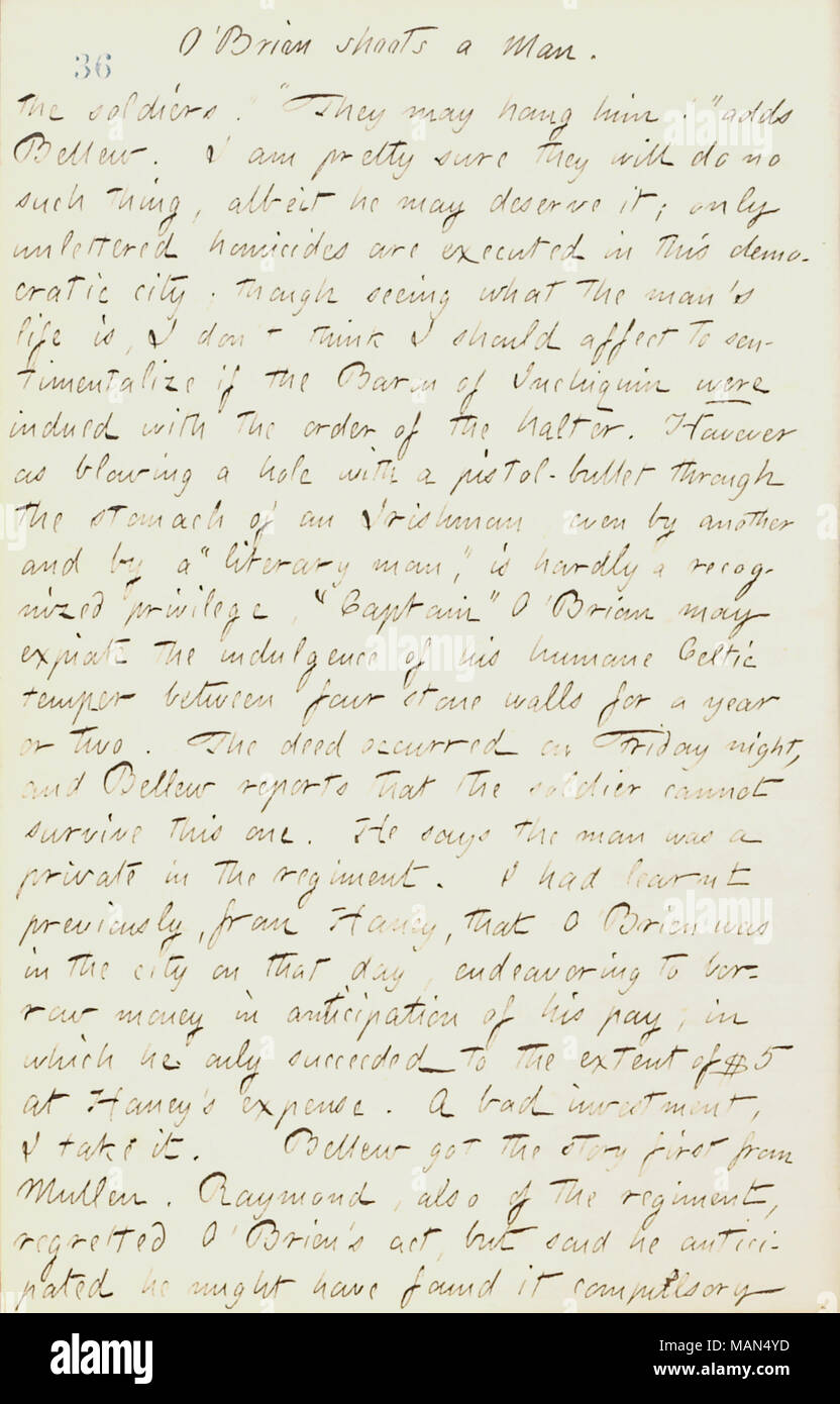 Per quanto riguarda le riprese del sergente Davenport dal capitano Fitz James O'Brien per disobbedienza. Titolo: Thomas Butler diari Gunn: Volume 18, pagina 43, 3 novembre 1861 . Il 3 novembre 1861. Gunn, Thomas Butler, 1826-1903 Foto Stock