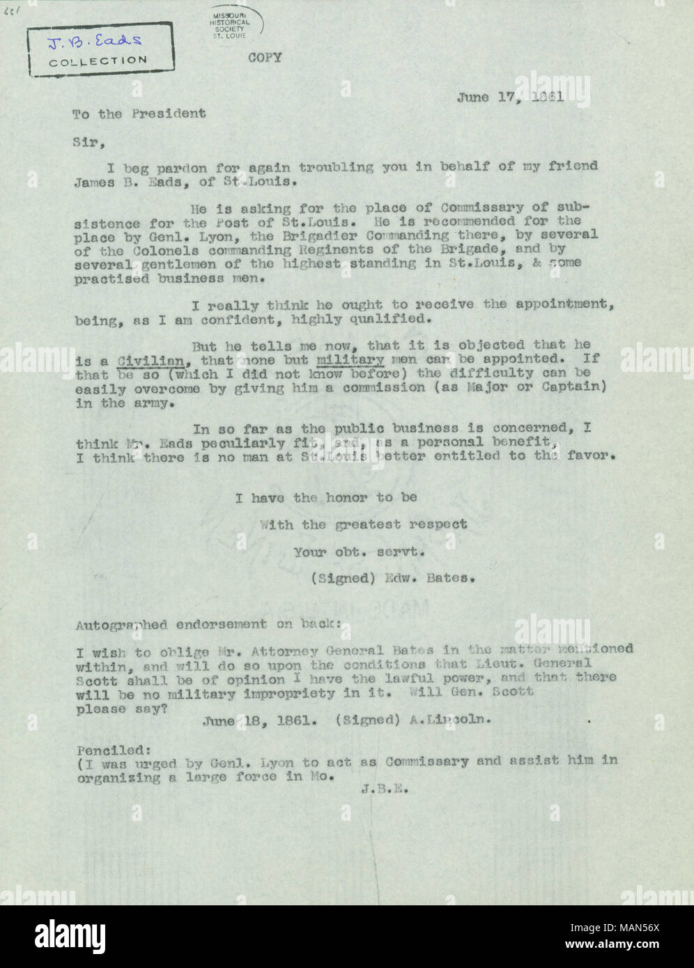 Consiglia di James Eads di spaccio di sussistenza post a St. Louis. Lettera originale in Abramo Lincoln collezione. Titolo: dattiloscritto copia della lettera di EDW. Bates [Edward Bates] al Presidente [Abraham Lincoln], 17 giugno 1861 . Il 17 giugno 1861. Bates, Edward, 1793-1869 Foto Stock