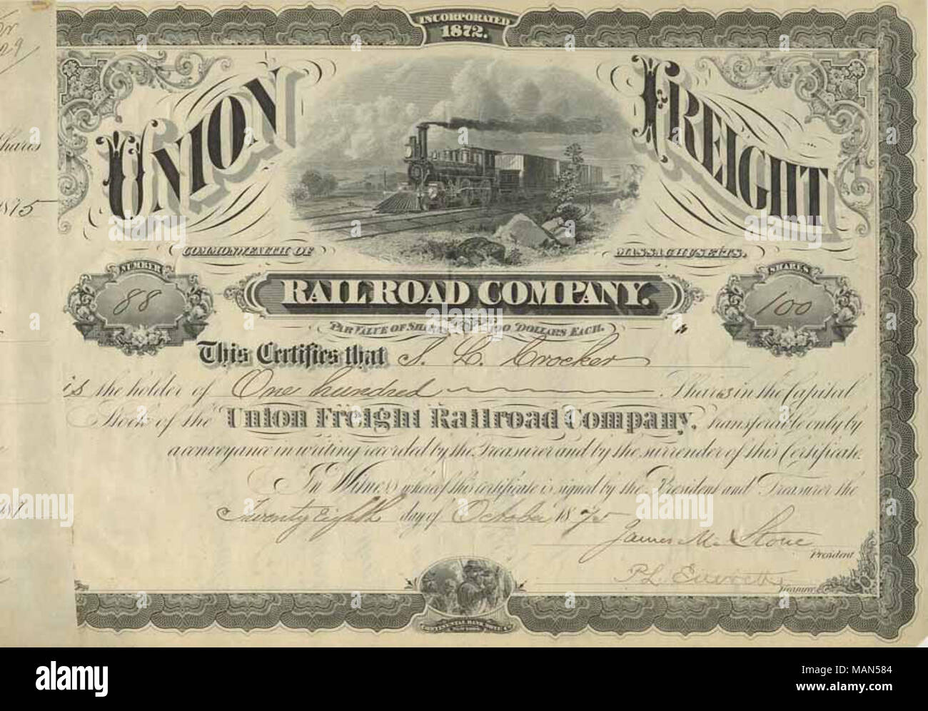 1875 certificato azionario per il raccordo ferroviario merci . 1875. Raccordo ferroviario merci Foto Stock