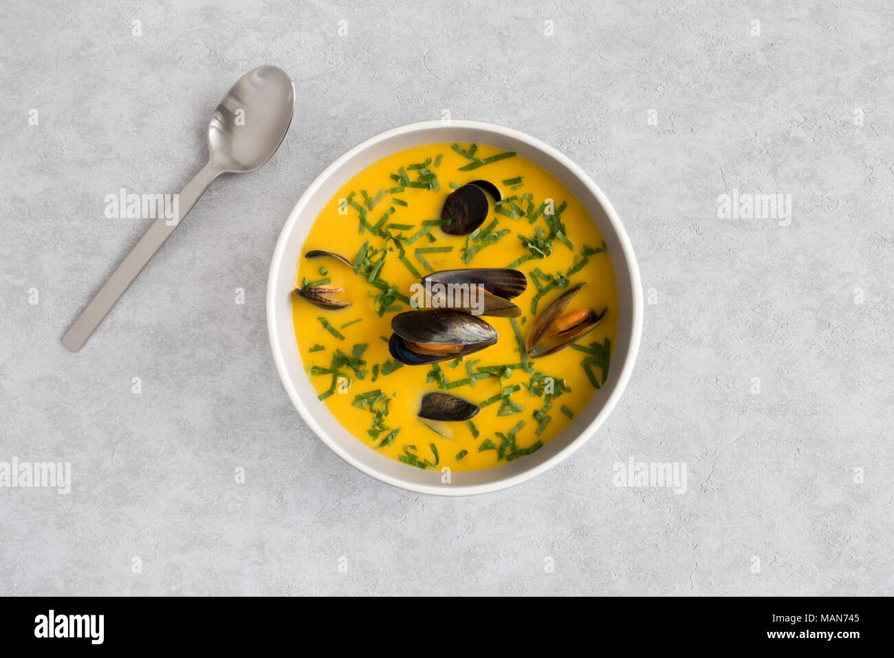 La zucca zuppa di cozze in un recipiente su sfondo grigio con copia spazio. Vista dall'alto. Foto Stock
