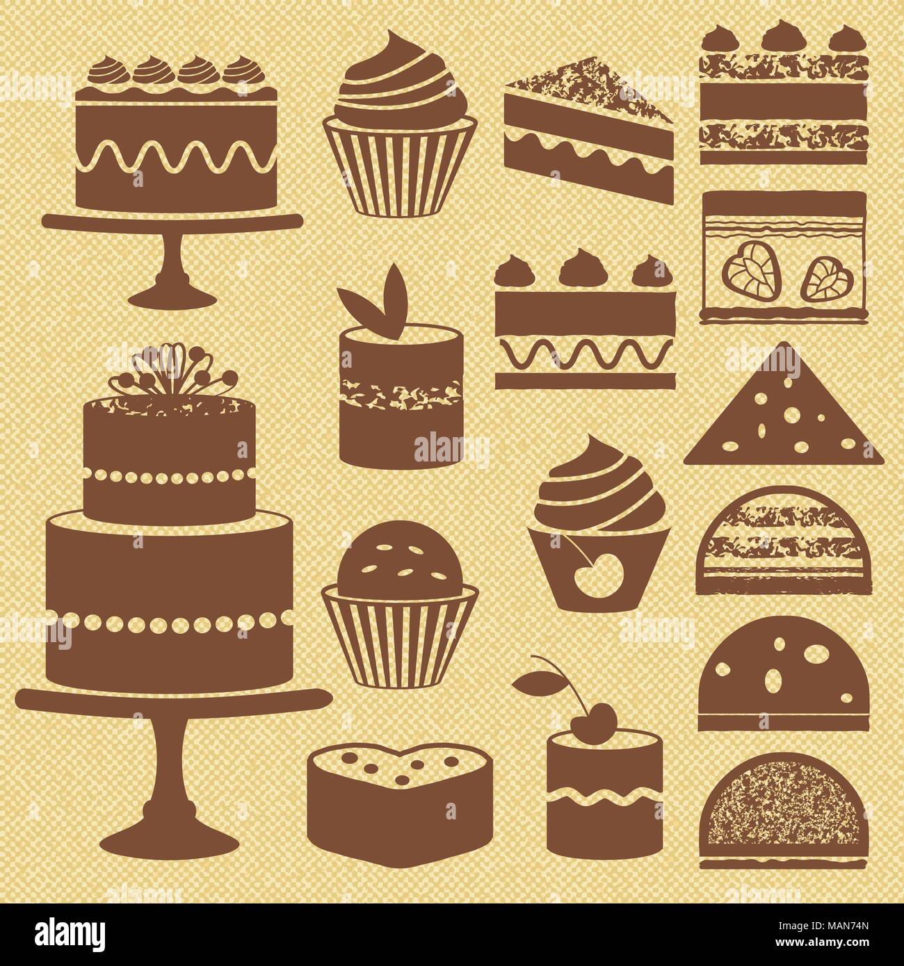 Vari tipi di torte e tortine silhouette icone sul bacmground testurizzato. Illustrazione Vettoriale