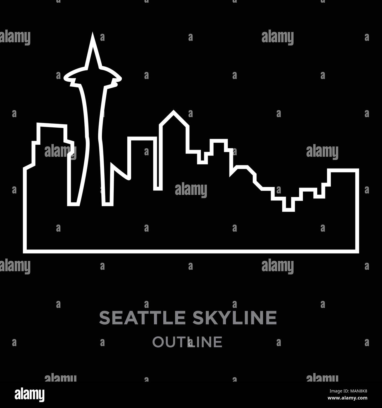 Bordo bianco sullo skyline di Seattle delineano su sfondo nero, illustrazione vettoriale Illustrazione Vettoriale