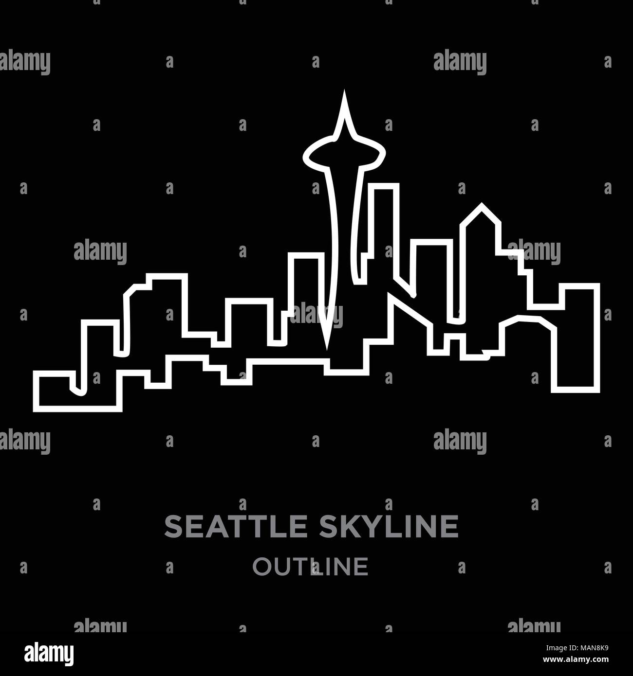Bordo bianco sullo skyline di Seattle delineano su sfondo nero, illustrazione vettoriale Illustrazione Vettoriale